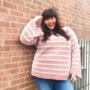 Dark Pink Striped v-neck chenille sweater